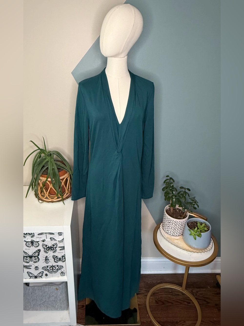 Soft Surroundings Peacock Teal Twist Front Maxi Dress Grecian Goddess Med NWOT - Picture 2 of 13